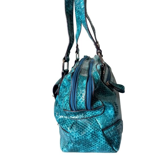 Teal Faux Snake Skin Handbag With Polished Silver Hardware & Dual Top Handles - Picture 7 of 12